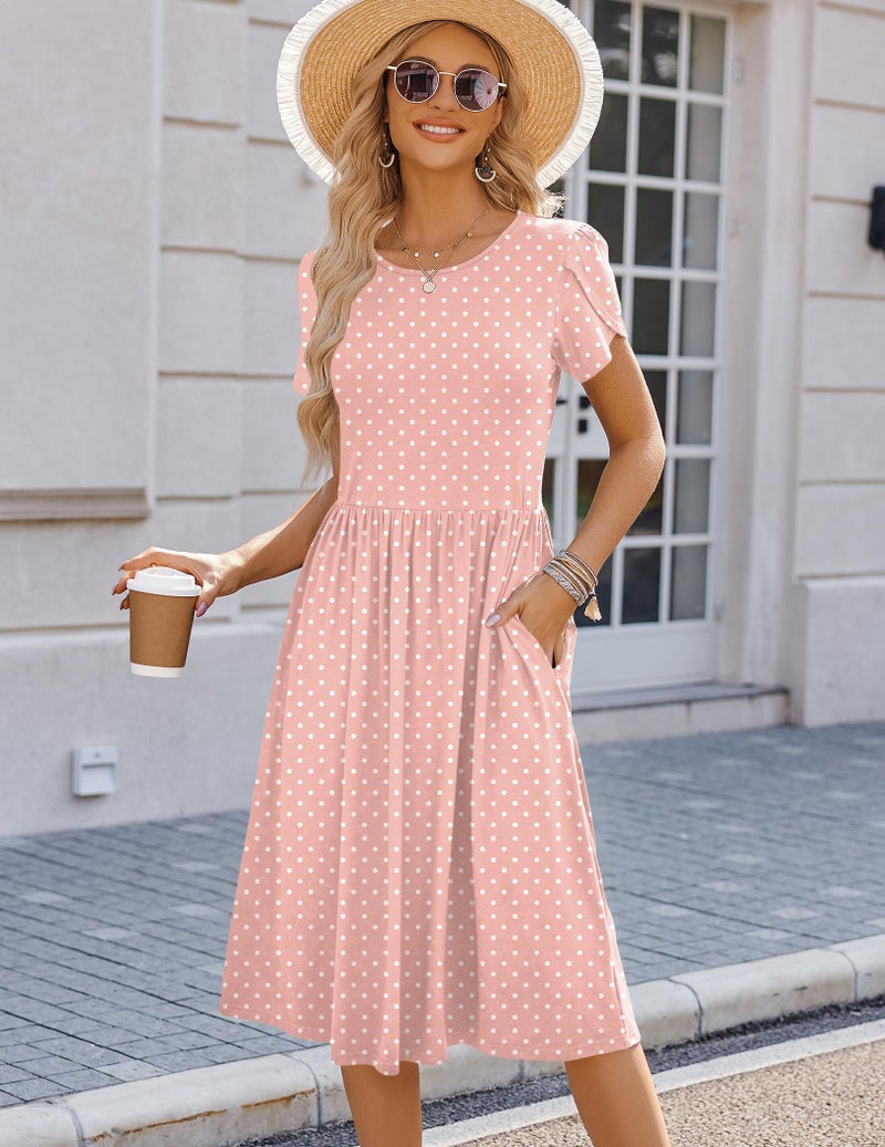 HOTOUCH Women's Summer Casual Short Sleeve Aline Midi Dress Pink Floral Beach Sundress with Pockets Loose Flowy Swing Tshirt Dresses Vocation Travel - Image 4