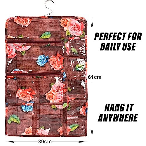 Kuber Industries Document Holder | PVC Flower Design Document Organizer | Double Sided Document Holder for Home | 7 Small Pocket with 3 Zipper | Maroon - Image 3