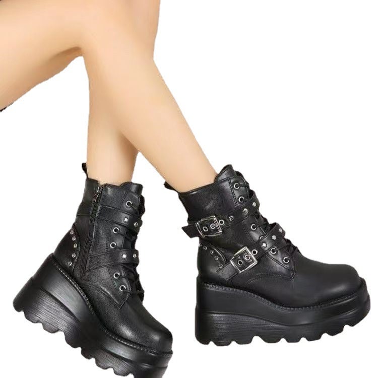 Martin boots Women''s 2023 Spring and Autumn New and fashion Rivet Belt buckle muffin thick bottom high heel short tube women''s boots - Image 4
