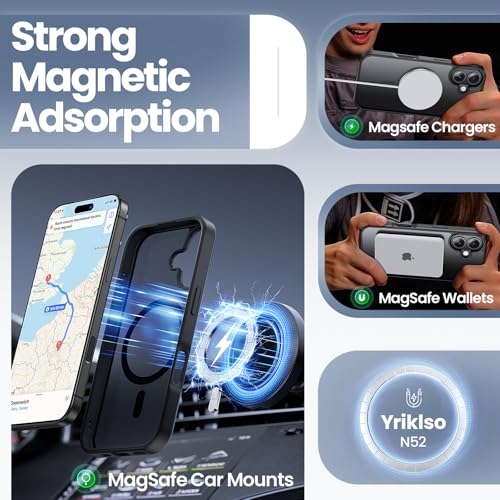 Yriklso 3 in 1 Strong Magnetic Case for iPhone 17,1X Screen Protector +1X Camera Lens, Protective Shockproof Cover,Phone Case for iPhone 17 6.3" Matte Black - Image 3