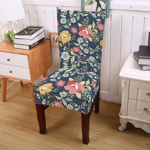 House of Quirk Elastic Chair Cover Stretch Removable Washable Short Dining Chair Cover Protector Seat Slipcover (Pack of 6, Dark Blue Floral) - Image 2