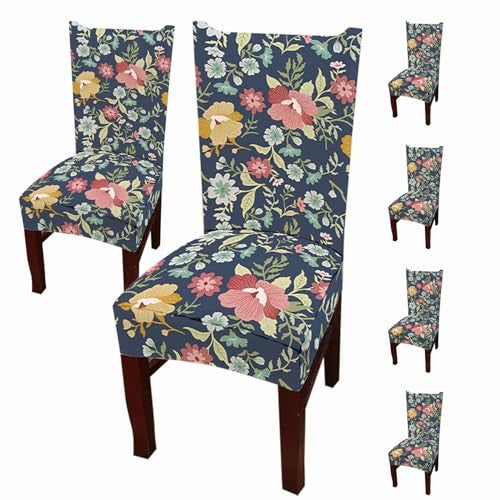 House of Quirk Elastic Chair Cover Stretch Removable Washable Short Dining Chair Cover Protector Seat Slipcover (Pack of 6, Dark Blue Floral) - Image 1