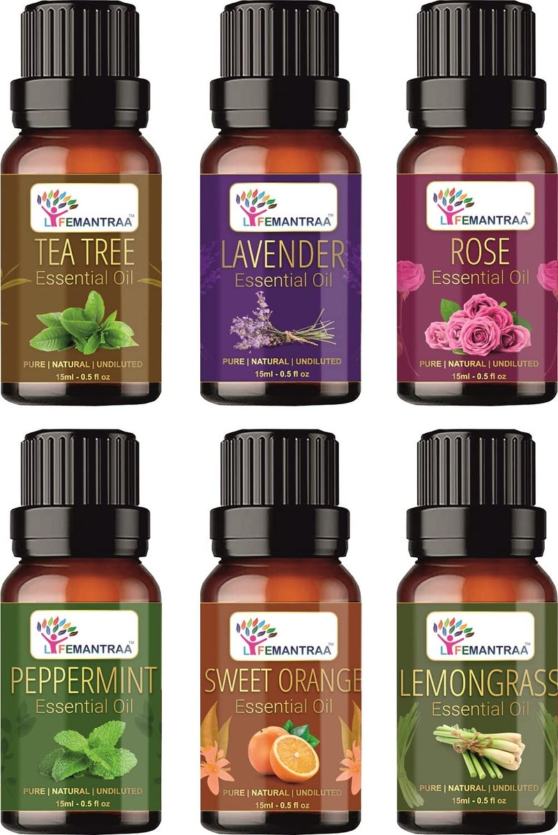 Lifemantraa Lifemantraa Pure Tea Tree Lavender Rose Peppermint Sweet orange and Lemongras Essential Oil for Home Fragrance Diffuser Essential Oils Set for Room Air Freshener Aroma Oil Diffusers Soap Making Candle Making 15ml Each 90ml  - Image 1