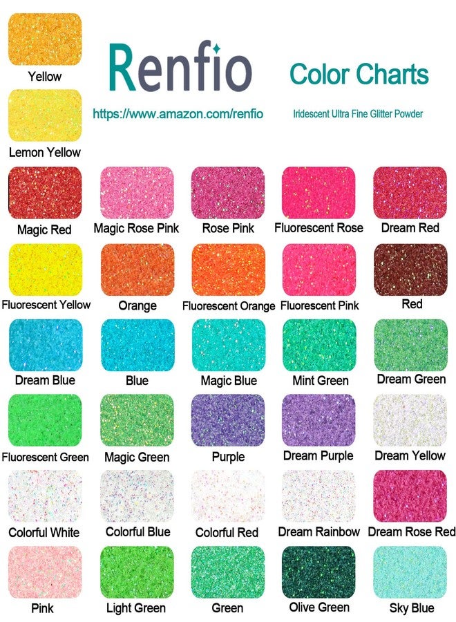 Renfio 32 Colors Iridescent Glitter Set, 16.93oz 480g Ultra Fine Powder PET 1/128" 0.008" 0.2mm Resin Supplies Assorted Craft for Fake Nails, Resin Art, Tumblers, Slime, Hair, Bomb - Image 3