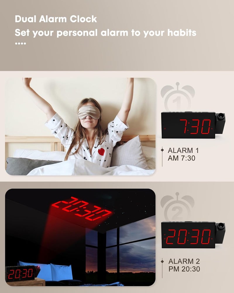 OnLyee Projection Alarm Clock for Bedroom,LED Digital Clock on Ceiling Wall with USB Phone Charging,Battery Backup,180° Rotatable Projector& Dimmer,12/24H,DST,Snooze,Dual Loud Bedside Heavy Sleeper - Image 5