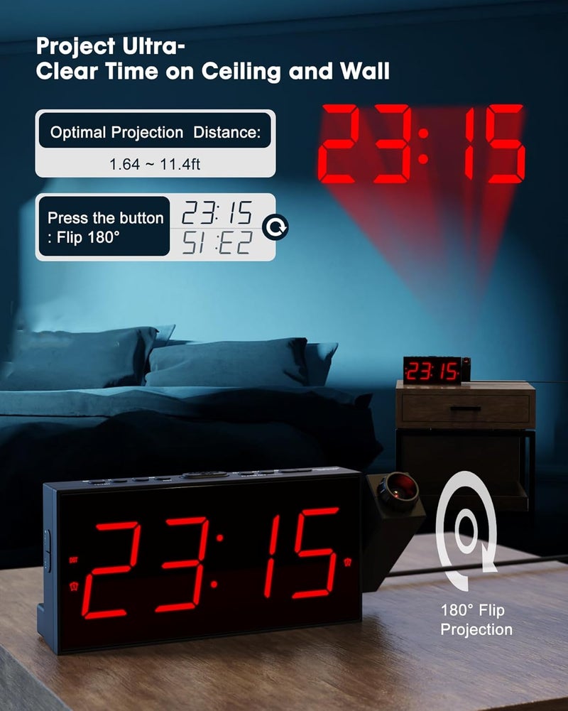 OnLyee Projection Alarm Clock for Bedroom,LED Digital Clock on Ceiling Wall with USB Phone Charging,Battery Backup,180° Rotatable Projector& Dimmer,12/24H,DST,Snooze,Dual Loud Bedside Heavy Sleeper - Image 2