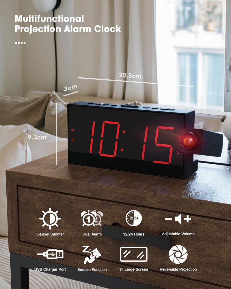 OnLyee Projection Alarm Clock for Bedroom,LED Digital Clock on Ceiling Wall with USB Phone Charging,Battery Backup,180° Rotatable Projector& Dimmer,12/24H,DST,Snooze,Dual Loud Bedside Heavy Sleeper - Image 3