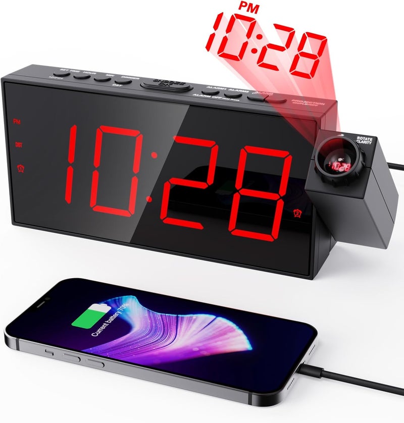 OnLyee Projection Alarm Clock for Bedroom,LED Digital Clock on Ceiling Wall with USB Phone Charging,Battery Backup,180° Rotatable Projector& Dimmer,12/24H,DST,Snooze,Dual Loud Bedside Heavy Sleeper - Image 1