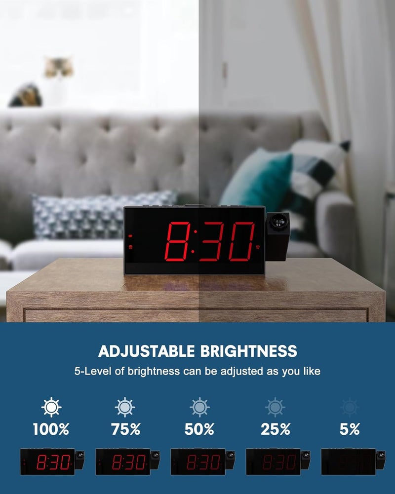 OnLyee Projection Alarm Clock for Bedroom,LED Digital Clock on Ceiling Wall with USB Phone Charging,Battery Backup,180° Rotatable Projector& Dimmer,12/24H,DST,Snooze,Dual Loud Bedside Heavy Sleeper - Image 4