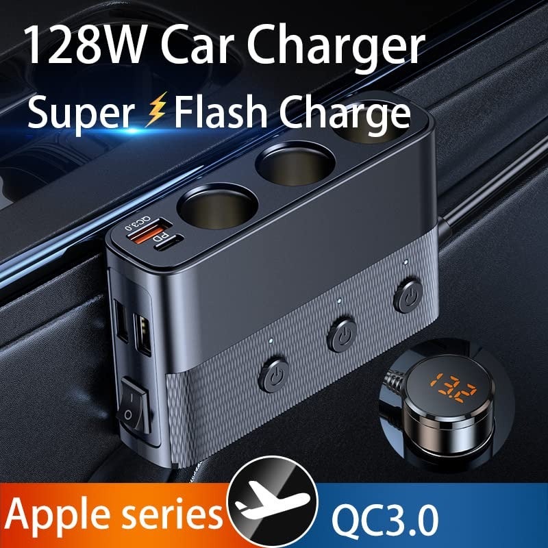 شاحن سيارة بشحن سريع 128 واط، 5 من منافذ USB، محول سيارة بمنفذ Type-C، متوافق مع iPhone 15 Pro Max و15 Pro و15 و14 و13 Pro Max و12 و11، سامسونج S23 وS22 وغيرها C28 - Image 3