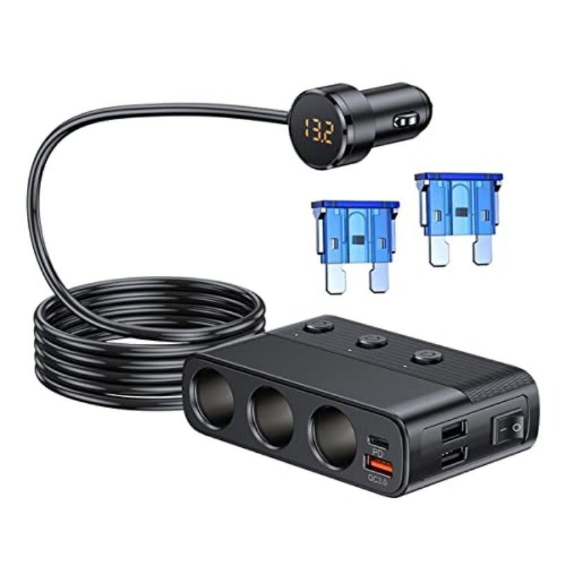 شاحن سيارة بشحن سريع 128 واط، 5 من منافذ USB، محول سيارة بمنفذ Type-C، متوافق مع iPhone 15 Pro Max و15 Pro و15 و14 و13 Pro Max و12 و11، سامسونج S23 وS22 وغيرها C28 - Image 1