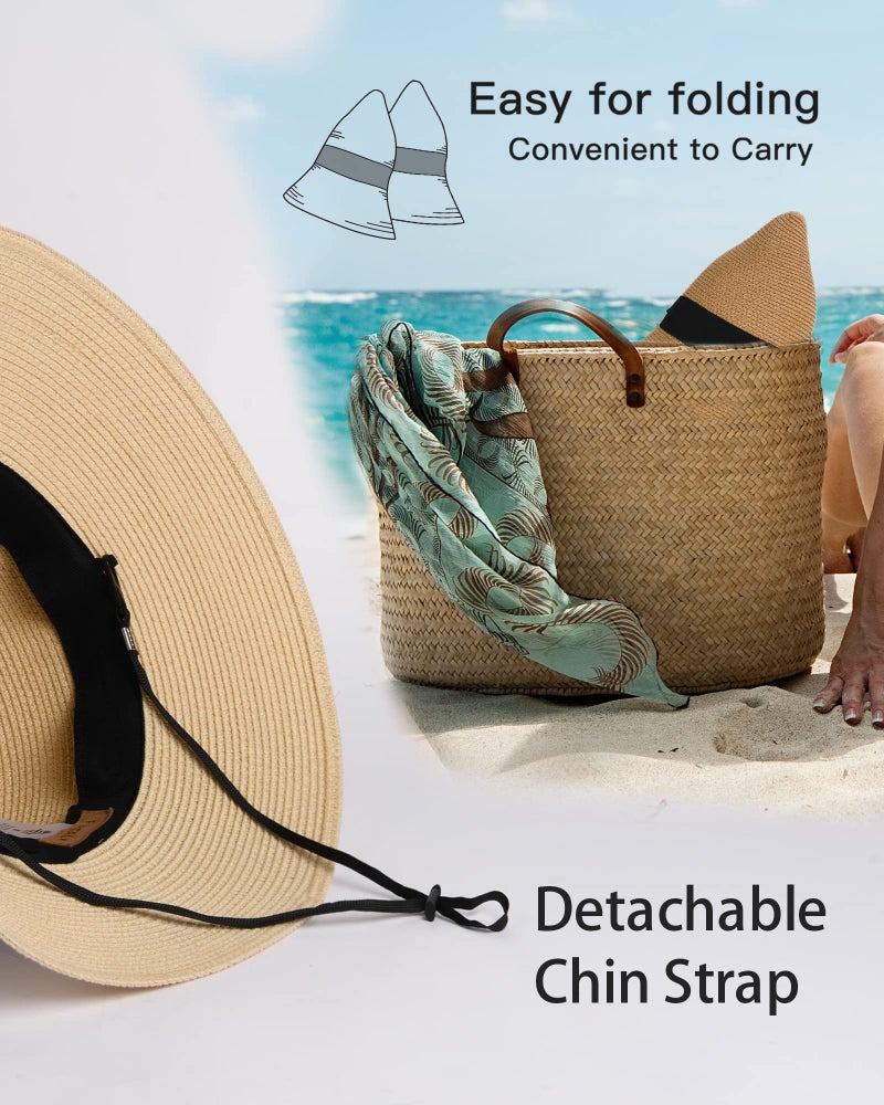 FURTALK Womens Beach Sun Straw Hat UV UPF 80+ Travel Foldable Brim Summer UV Hat - Image 3