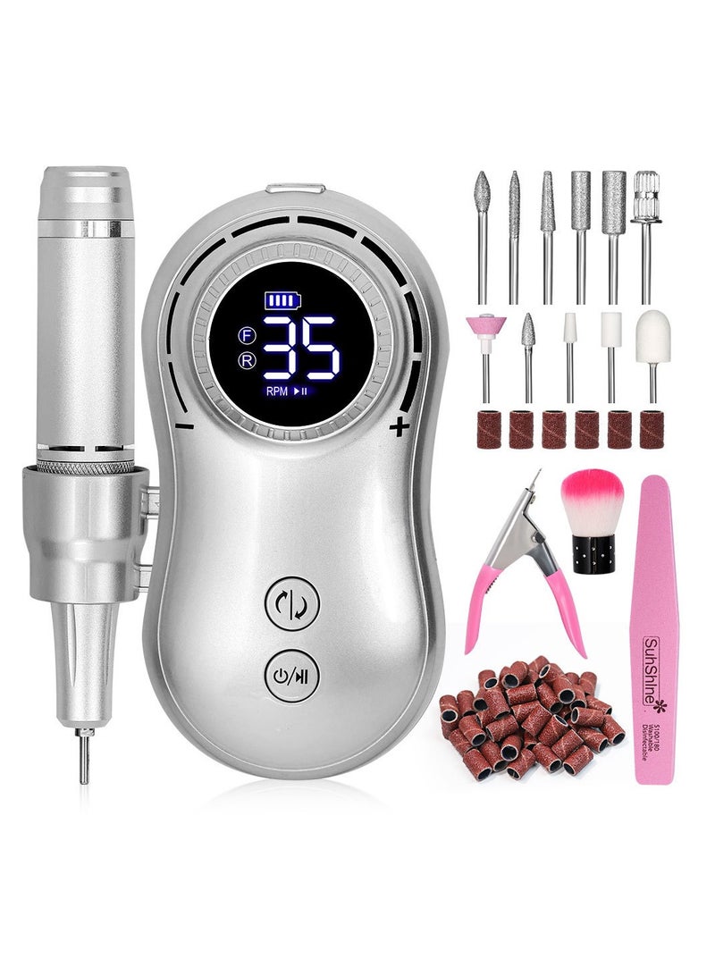 عام العنوان: جهاز حفر أظافر كهربائي محمول، سرعة 35000 دورة في الدقيقة، جهاز حفر أظافر قابل لإعادة الشحن، مع 11 رأسًا قابلًا للتبديل وأشرطة رملية للاستخدام في المنزل والصالونات - Image 1