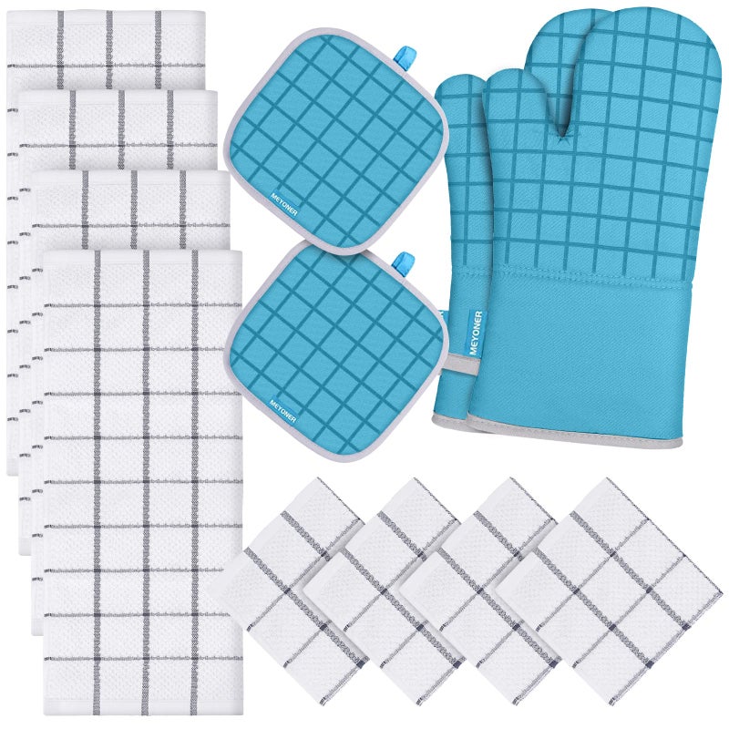 MEYONER Oven Mitts and Pot Holders Set with Kitchen Towels and Dishcloths 500 Degree Heat Resistant Oven Gloves and Hot Pads Premium Soft Cotton Kitchen Hand Towels and Dish Cloth Sets Turquoise