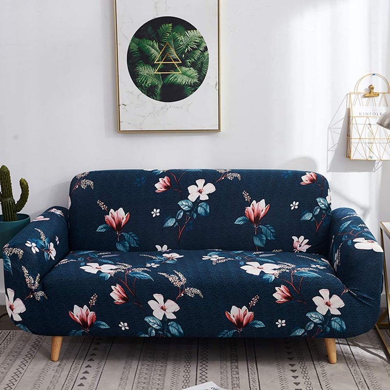 WINKEL WINKEL Universal Double Seater Sofa Cover Big Elasticity Cover for Couch Flexible Stretch Printed Sofa Slipcover 145185 Double Seater Dark Blue Lotus  - Image 1