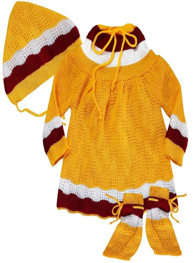 Timatim Baby Girls Woolen Knitted Round Neck Sweater with Cap and Booties Set Full Sleeves Dress (18-24 Months, Yellow) - Image 1