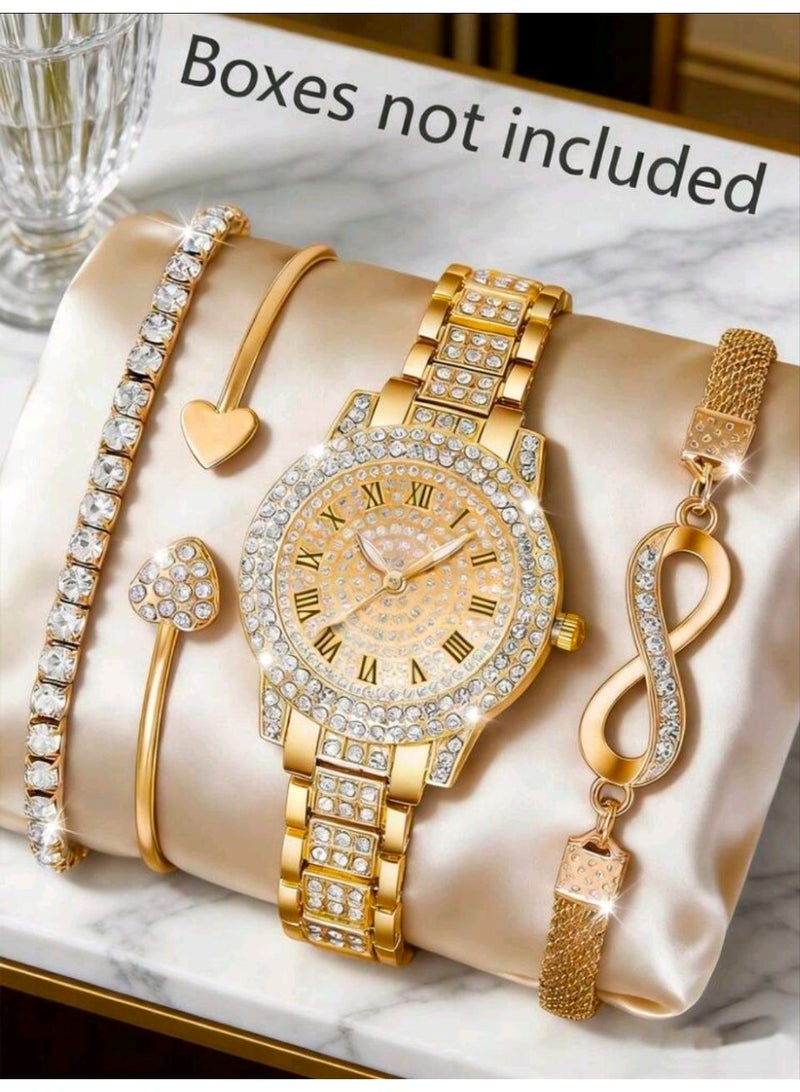شي إن SHEIN 4pcs Elegant Luxury Women's Quartz Watch Set, Paired With Silver Jewelry (Includes 1 Diamond-Encrusted Roman Numeral Wristwatch (Gold) - Image 5