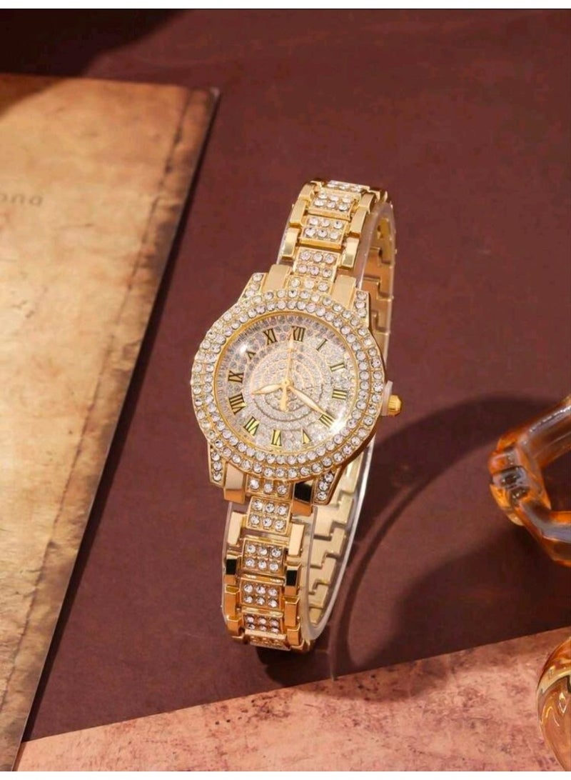 شي إن SHEIN 4pcs Elegant Luxury Women's Quartz Watch Set, Paired With Silver Jewelry (Includes 1 Diamond-Encrusted Roman Numeral Wristwatch (Gold) - Image 3
