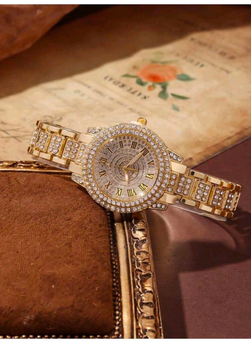 شي إن SHEIN 4pcs Elegant Luxury Women's Quartz Watch Set, Paired With Silver Jewelry (Includes 1 Diamond-Encrusted Roman Numeral Wristwatch (Gold) - Image 4