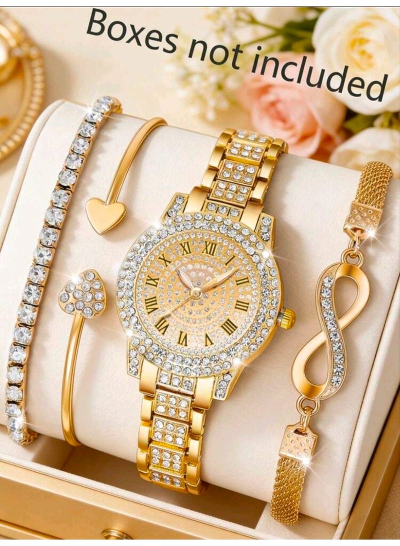 شي إن SHEIN 4pcs Elegant Luxury Women's Quartz Watch Set, Paired With Silver Jewelry (Includes 1 Diamond-Encrusted Roman Numeral Wristwatch (Gold) - Image 1