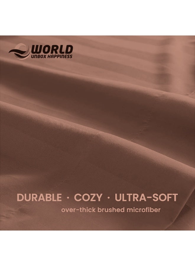 Eworld 4-Piece Luxury Super King Brown Striped Bedding Set (Flat Sheet 280×280 cm, Fitted Sheet 200×200+30 cm, 2 Pillowcases 50×75 cm) – Premium Microfiber, Hotel-Style Comfort - Image 3