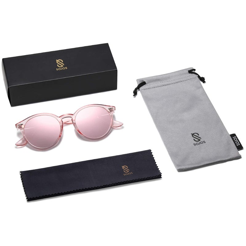 SOJOS Retro Round Polarized Sunglasses for Women Men Classic Vintage Sunnies SJ2069, Clear Pink/Pink Mirrored - Image 5