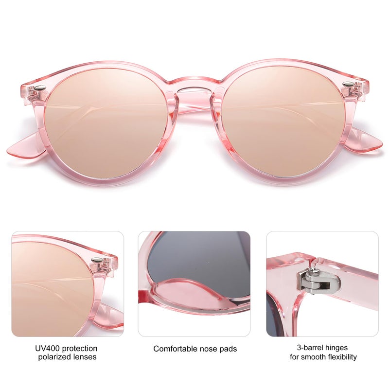 SOJOS Retro Round Polarized Sunglasses for Women Men Classic Vintage Sunnies SJ2069, Clear Pink/Pink Mirrored - Image 2
