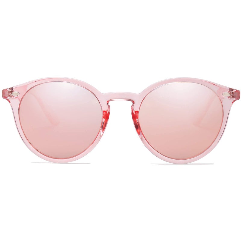 SOJOS Retro Round Polarized Sunglasses for Women Men Classic Vintage Sunnies SJ2069, Clear Pink/Pink Mirrored - Image 1