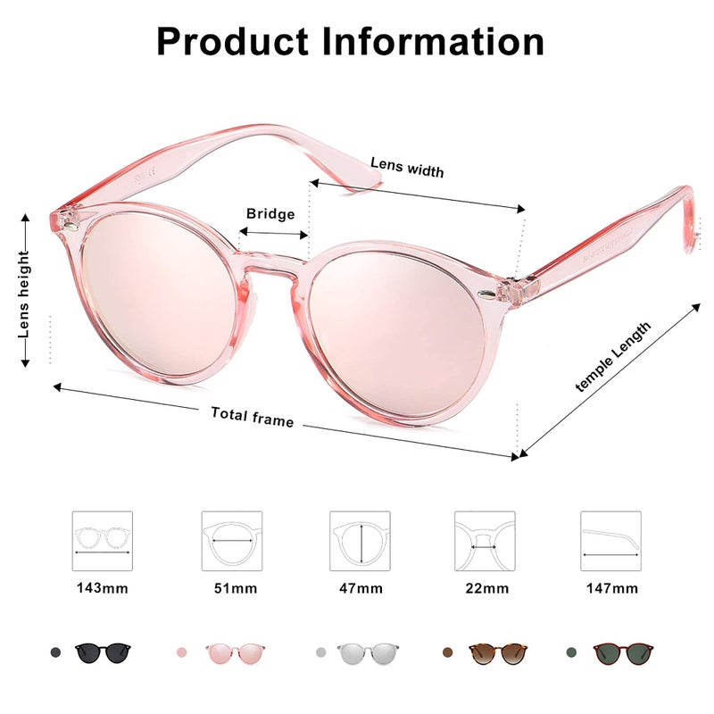 SOJOS Retro Round Polarized Sunglasses for Women Men Classic Vintage Sunnies SJ2069, Clear Pink/Pink Mirrored - Image 4