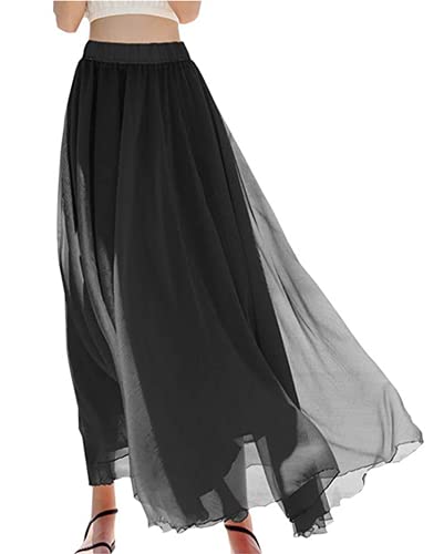 Mullsan Women Retro Vintage Double Layer Chiffon Pleat Maxi Long Skirt Dress (Black), One Size - Image 3