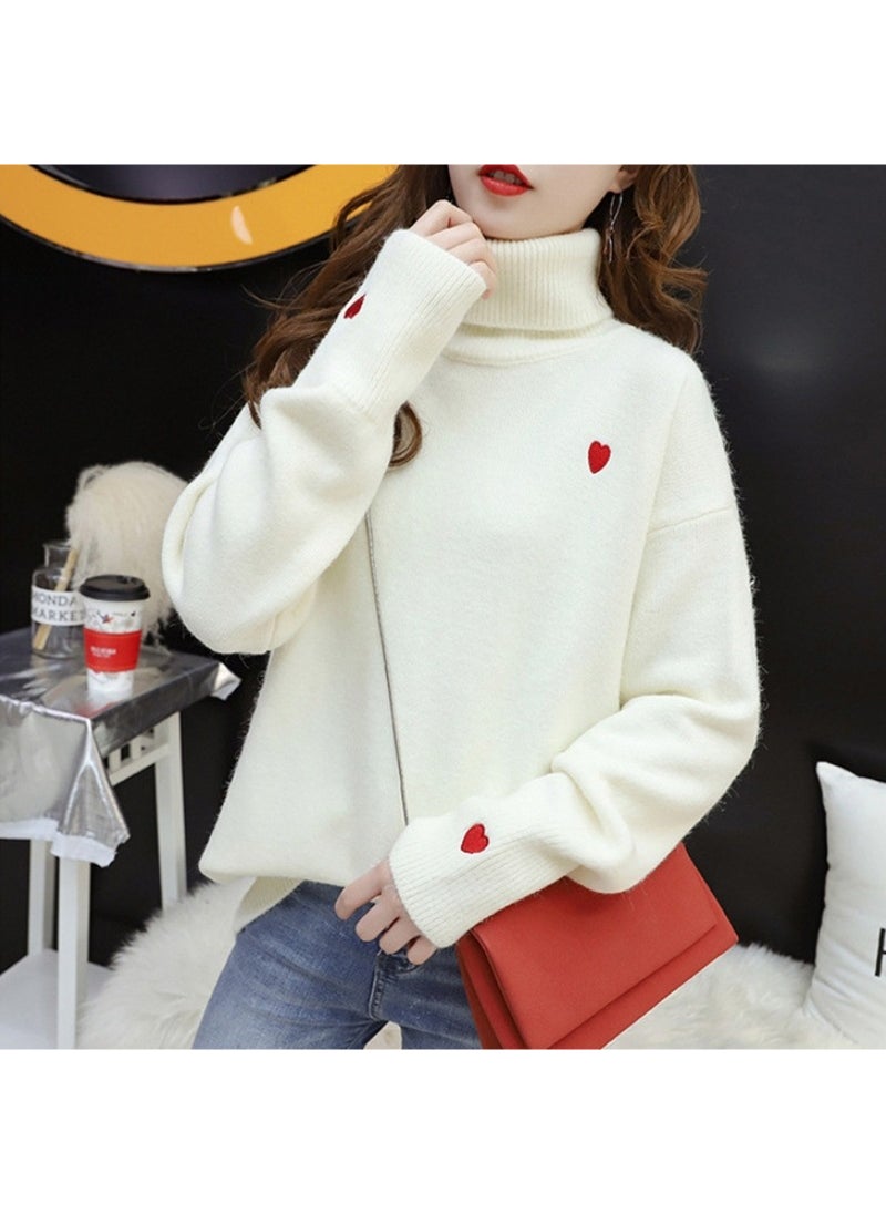 Generic - 2024 Autumn Winter High-Neck Sweater Womens Korean Loose Knit Love Pullover Red - Image 1