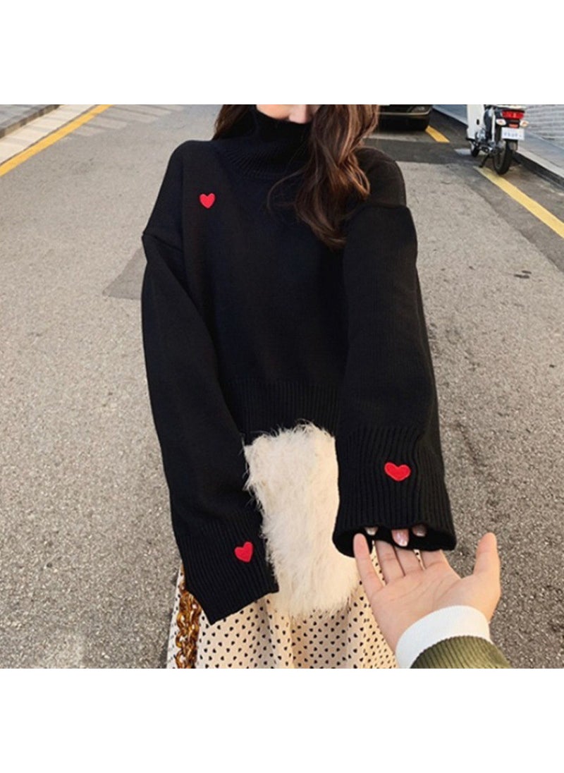 Generic - 2024 Autumn Winter High-Neck Sweater Womens Korean Loose Knit Love Pullover Red - Image 1