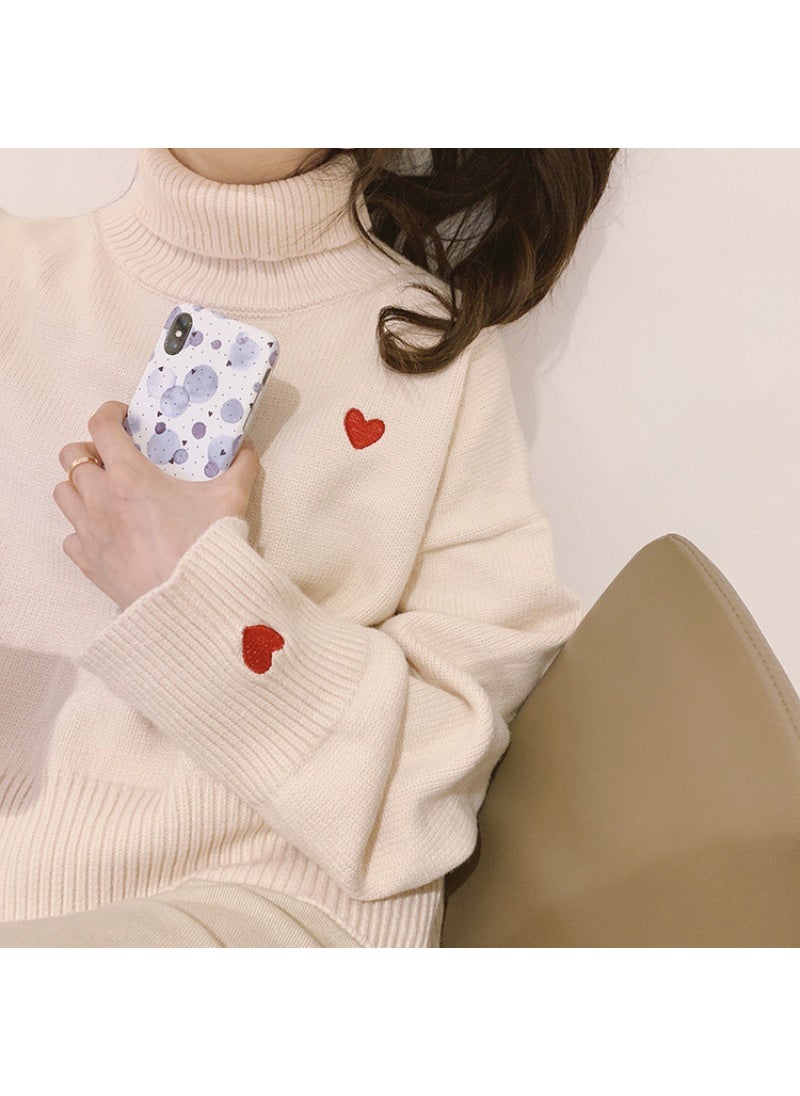 Generic - 2024 Autumn Winter High-Neck Sweater Womens Korean Loose Knit Love Pullover Red - Image 1