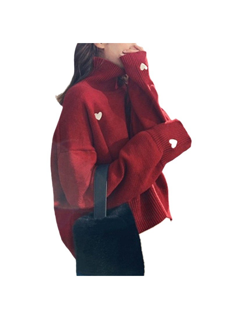 Generic - 2024 Autumn Winter High-Neck Sweater Womens Korean Loose Knit Love Pullover Red - Image 1
