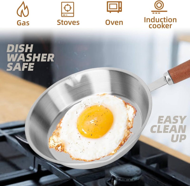 Zudoo Egg Pan, Mini Nonstick Egg and Omelet Pan, Stainless Steel Small Frying Pan Skillet, Multipurpose Pan with Wooden Handle, Cookware Designed for Eggs Pancakes, Dishwasher Safe (12CM) - Image 3
