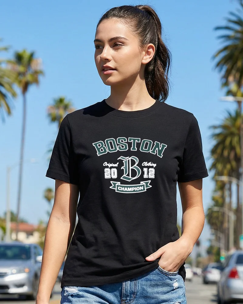 Women's Jet Black Boston Typography Cotton Elastane T-shirt
