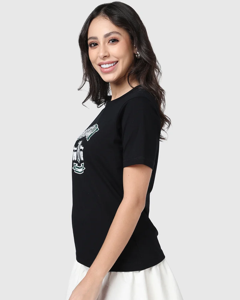 bewakoof Women's Jet Black Boston Typography Cotton Elastane T-shirt