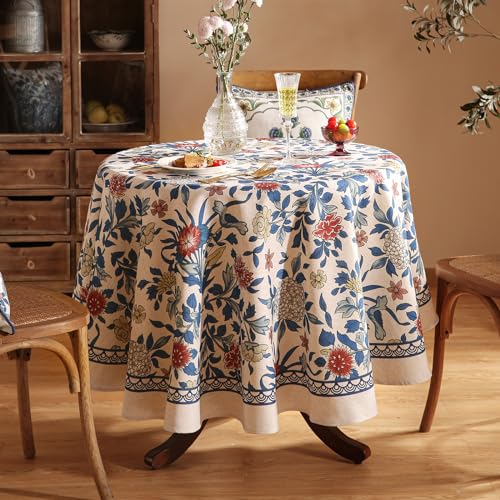 patdrea Designer Blue Tablecloth for Round TableVintage Linen with Leaves and Floral Pattern TableclothsFarmhouse Decor Cover for Kitchen Dining ChristmasThanksgivingDiameter 67Ivar a - Image 3