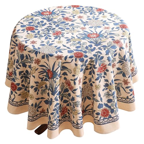 patdrea Designer Blue Tablecloth for Round TableVintage Linen with Leaves and Floral Pattern TableclothsFarmhouse Decor Cover for Kitchen Dining ChristmasThanksgivingDiameter 67Ivar a - Image 1
