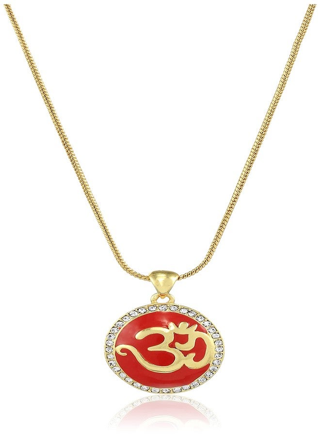Estele 24kt Gold Plated Divine Red Enamelled Om Pendant with Complimentary Chain, One Size, 832 Pendant - Image 1