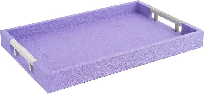 MODERN ELEGANT 18X12 RECTANGLE PURPLE LAVENDER SHAGREEN FAUX LEATHER DECORATIVE TRAY OTTOMAN COFFEE TABLE PERFUME LIVING ROOM KITCHEN SERVING TRAY WITH SILVER METAL HANDLES BY