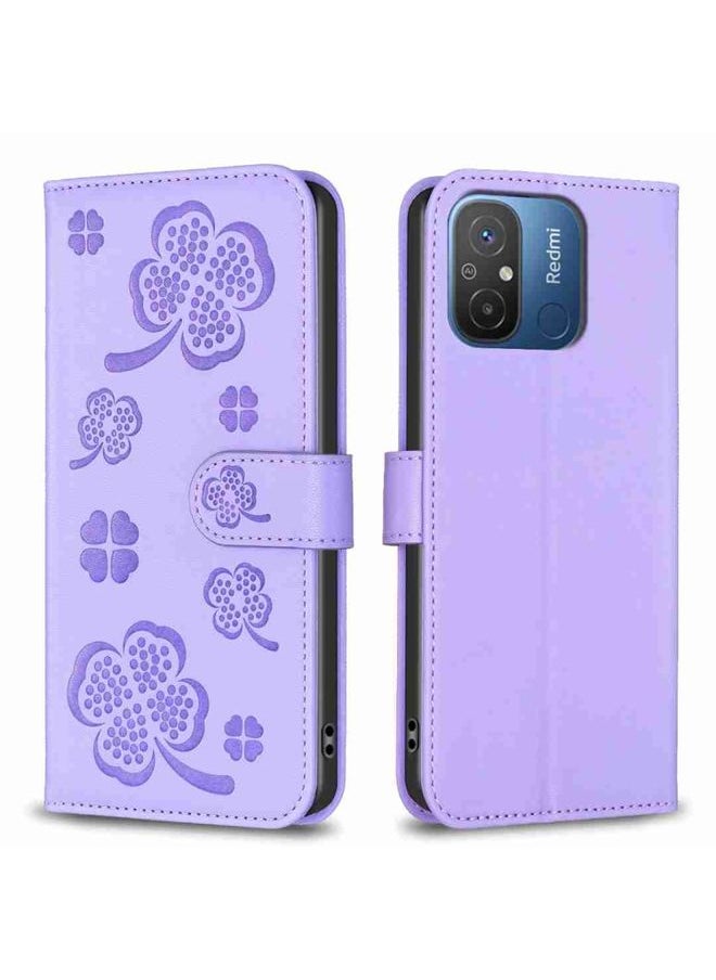 HuHa Case Cover For Xiaomi Poco C55 / Redmi 12C Four-leaf Embossed Leather Phone Case Purple 