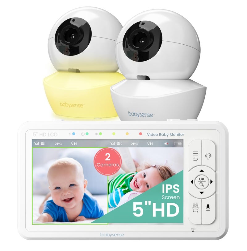 Babysense 5" HD Split-Screen Baby Monitor, Video Baby Monitor with 2 Cameras and Audio, Night Light, 1000ft Range, Two-Way Audio, 4X Zoom, Night Vision, 4000mAh Battery - Image 1