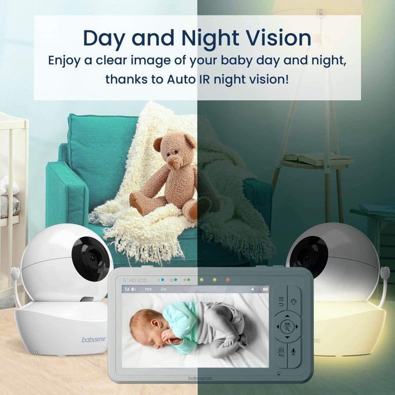 Babysense 5" HD Split-Screen Baby Monitor, Video Baby Monitor with 2 Cameras and Audio, Night Light, 1000ft Range, Two-Way Audio, 4X Zoom, Night Vision, 4000mAh Battery - Image 5