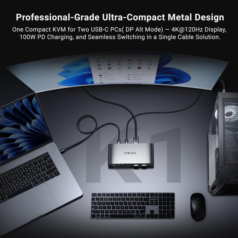 MINIX K1 USB C KVM Switch 1 Monitors 2 Computers, 4K@120Hz HDR, 100W PD 3.0, Dual USB-C Input KVM Switches, Share Keyboard & Mouse, Aluminum Design, Compatible with Windows, Mac, Linux, Android - Image 2