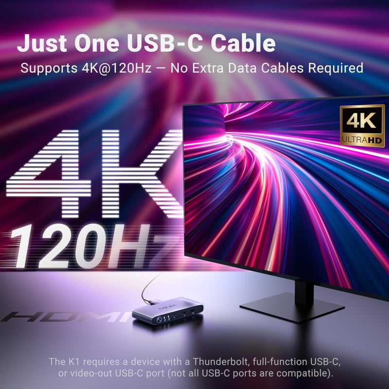 MINIX K1 USB C KVM Switch 1 Monitors 2 Computers, 4K@120Hz HDR, 100W PD 3.0, Dual USB-C Input KVM Switches, Share Keyboard & Mouse, Aluminum Design, Compatible with Windows, Mac, Linux, Android - Image 4