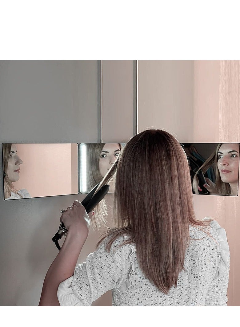 ثلاثة أضعاف مرآة مستحضرات التجميل ، مع أضواء LED ، 360 درجة مرآة ، ومناسبة لتصفيف الشعر ، الحلاقة ، الجمال والمكياج . تعليق قابل للسحب المحمولة ( أسود ) - Image 4