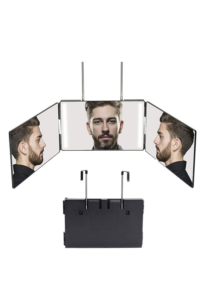ثلاثة أضعاف مرآة مستحضرات التجميل ، مع أضواء LED ، 360 درجة مرآة ، ومناسبة لتصفيف الشعر ، الحلاقة ، الجمال والمكياج . تعليق قابل للسحب المحمولة ( أسود ) - Image 1
