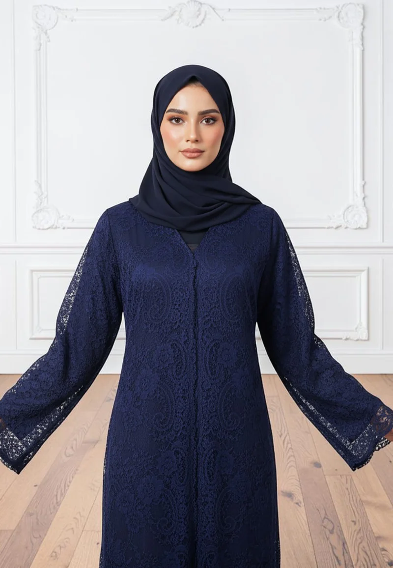 NUKHBAA Floral Lace Overlay Open Abaya | Dantil & Nida Fabric-859