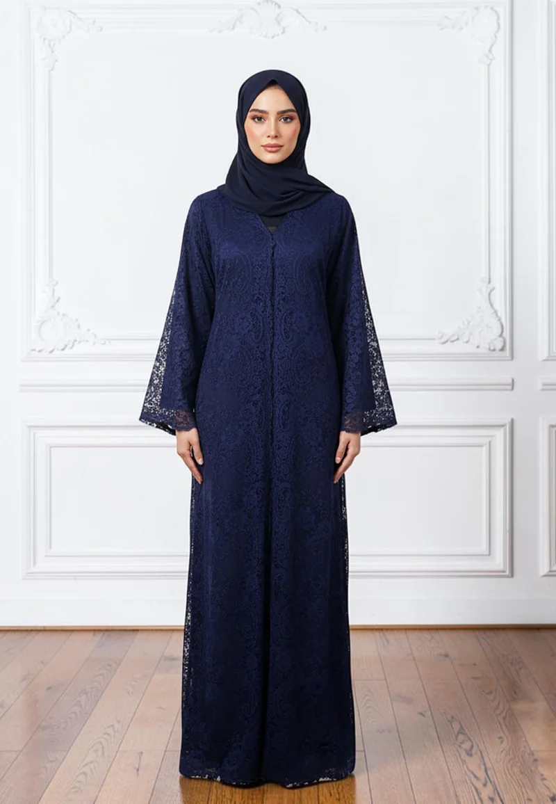 NUKHBAA Floral Lace Overlay Open Abaya | Dantil & Nida Fabric-859